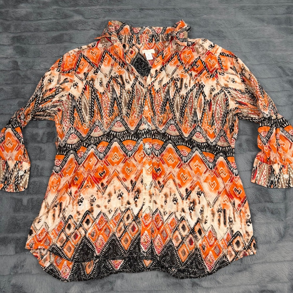 Chicos Orange Black Tribal Geometric Cotton Button Down Shirt Size 3 XL